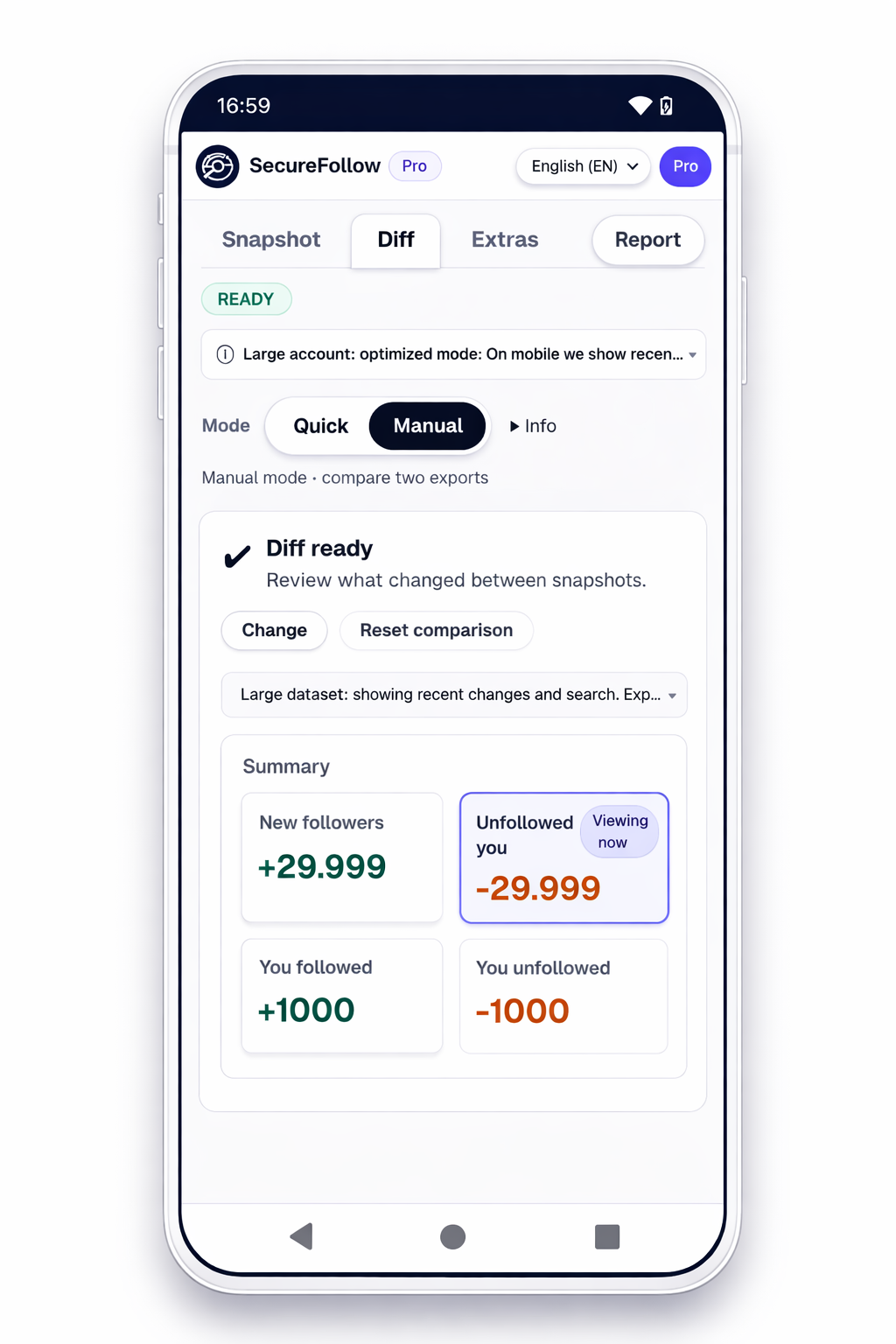 Quick Diff mode with dataset cards and summary tiles