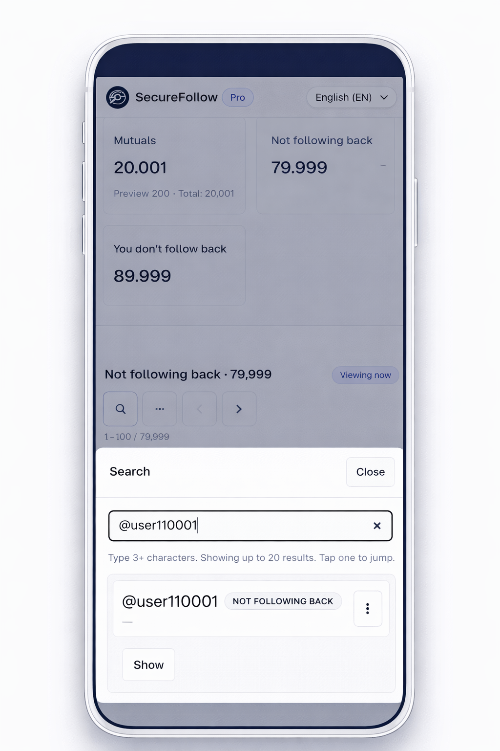 SecureFollow mobile search results view