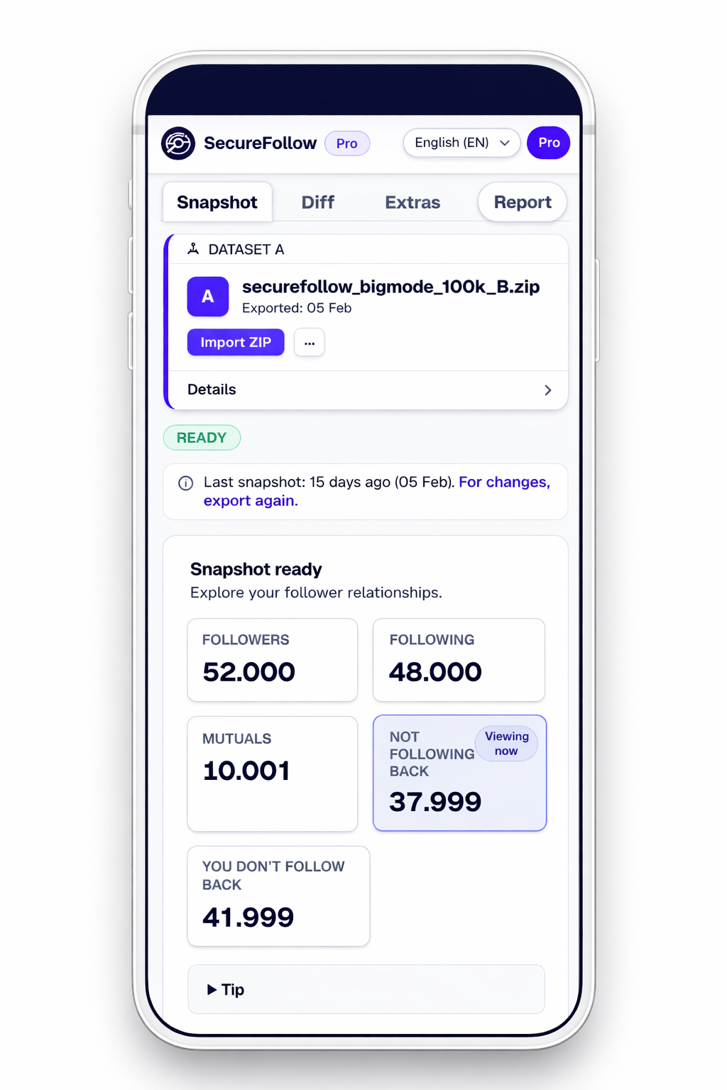Snapshot tab showing follower relationship lists